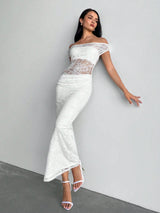 SHEIN BAE Women White Solid Color Sexy Crochet Knit Shoulder Exposed Blouse