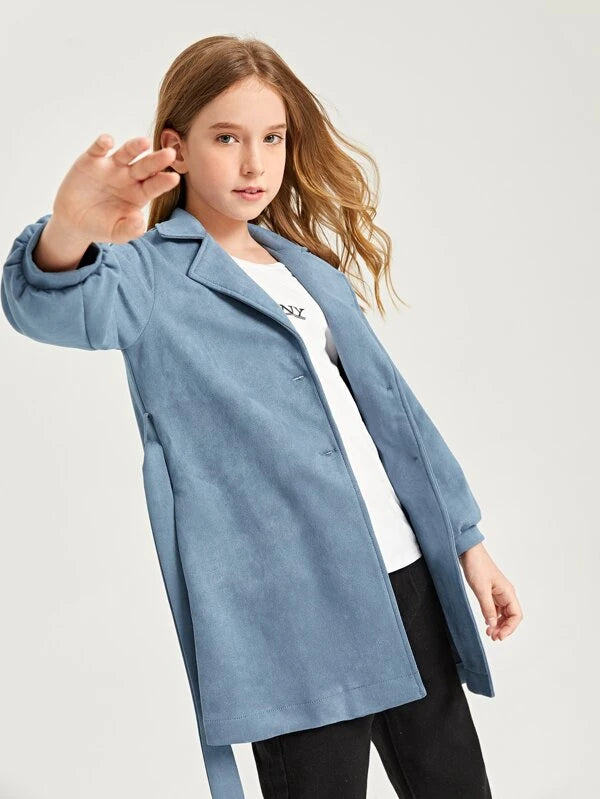 SHEIN Girls Lapel Neck Bishop Sleeve Belted Suedette Coat