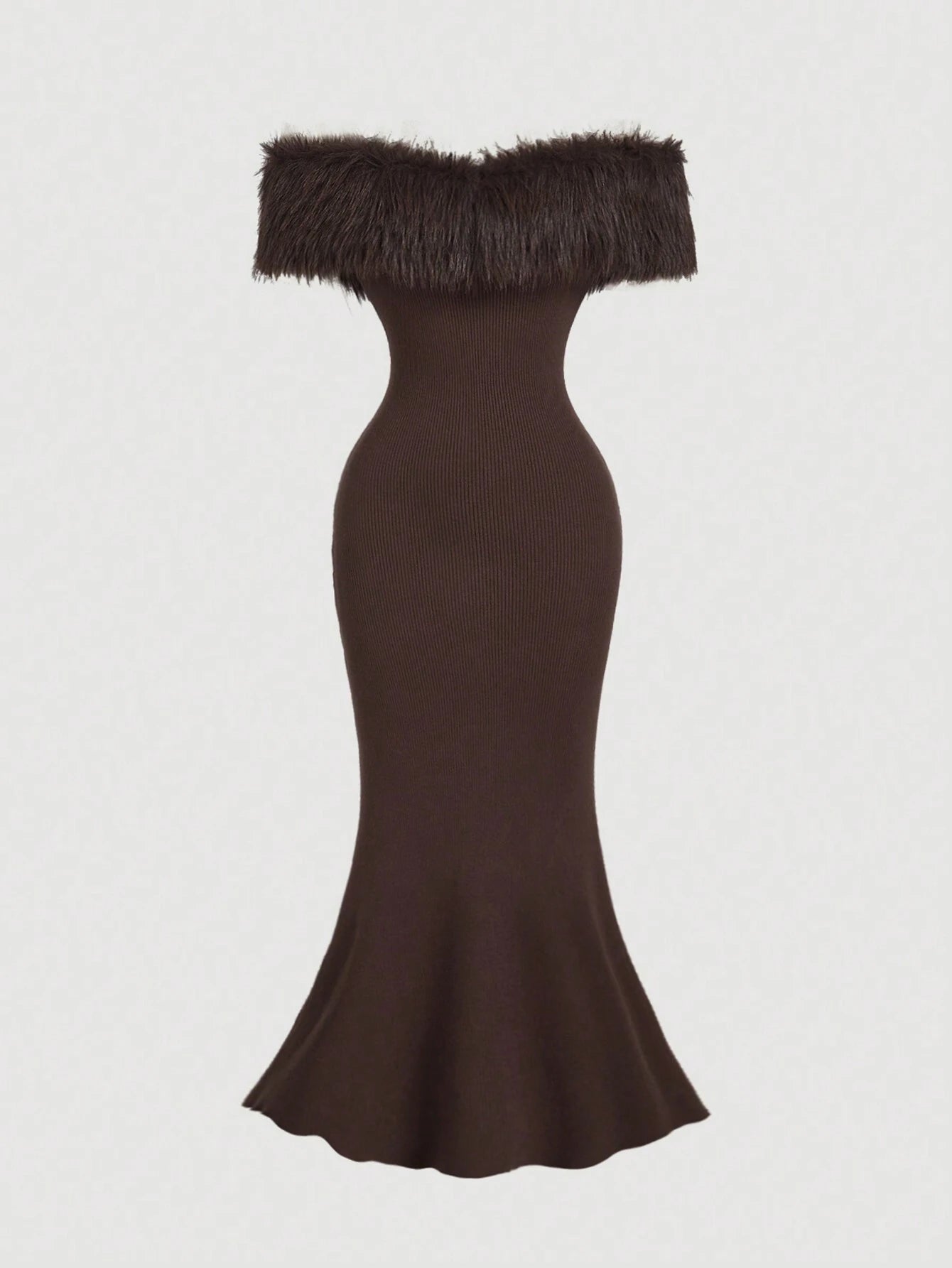 SHEIN MOD 1pc Off Shoulder Mohair Bodycon Fishtail Knit Coffee Color Dress