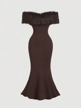 SHEIN MOD 1pc Off Shoulder Mohair Bodycon Fishtail Knit Coffee Color Dress