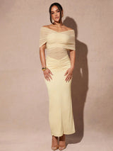 Silquee Women's Elegant Apricot-Color Sheer Mesh Fitted Dress