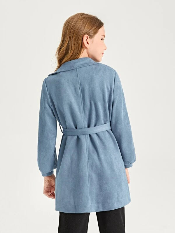 SHEIN Girls Lapel Neck Bishop Sleeve Belted Suedette Coat