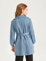 SHEIN Girls Lapel Neck Bishop Sleeve Belted Suedette Coat