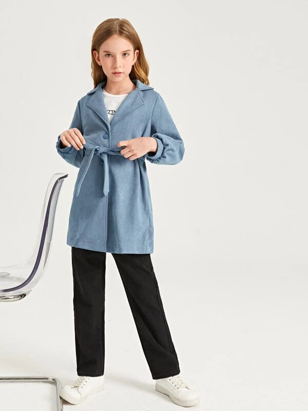 SHEIN Girls Lapel Neck Bishop Sleeve Belted Suedette Coat