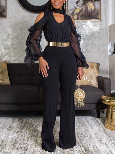 SHEIN Slayr Club Women Outfits Black High Elasticity Elegant Sexy Dating Daily Hollow Shoulders + Ruffle Details Mesh + Lantern Sleeves Elegant Commuting Flared Pants Women's Jumpsuit