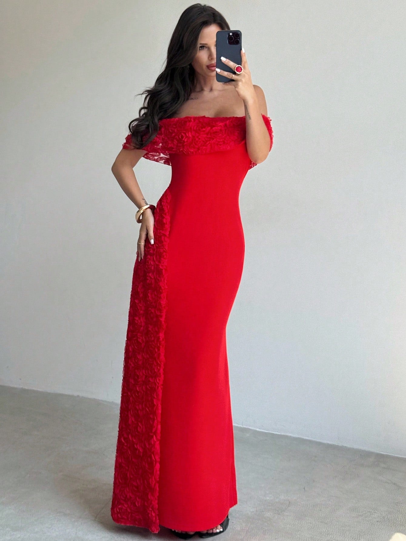 SHEIN Firerie Elegant Solid Color Off-Shoulder Fitted Long Dress