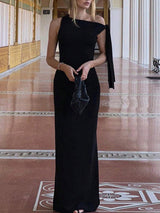 SHEIN Elegant Solid Color Asymmetric Neck Long Sleeve Fitted Party Dress