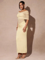 Silquee Women's Elegant Apricot-Color Sheer Mesh Fitted Dress