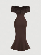 SHEIN MOD 1pc Off Shoulder Mohair Bodycon Fishtail Knit Coffee Color Dress