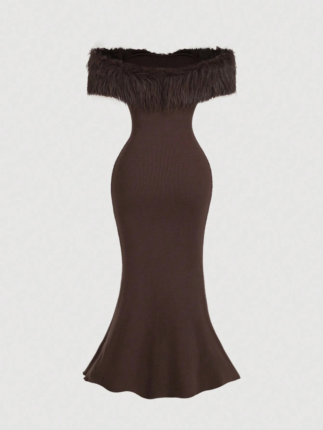SHEIN MOD 1pc Off Shoulder Mohair Bodycon Fishtail Knit Coffee Color Dress
