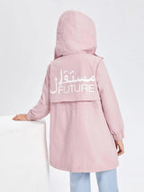 SHEIN Girls Drawstring Zipper Pocket Letter Casual Outerwear