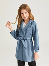 SHEIN Girls Lapel Neck Bishop Sleeve Belted Suedette Coat