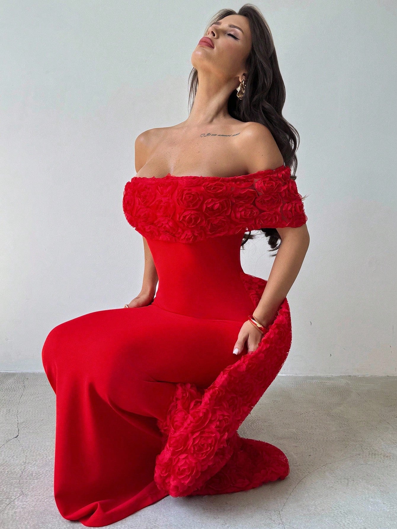SHEIN Firerie Elegant Solid Color Off-Shoulder Fitted Long Dress