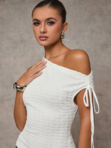 SHEIN BAE Women White Solid Color Sexy Crochet Knit Shoulder Exposed Blouse