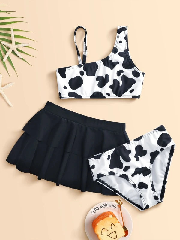 SHEIN 3pack Toddler Girls Cow Print Asymmetrical Bikini Swimsuit & Beach Skirt