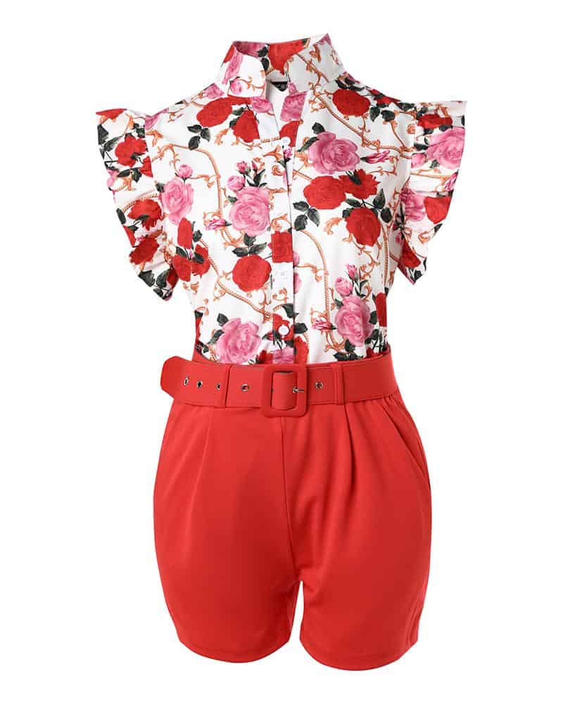 CHICME Floral Baroque Print Flutter Sleeve Top &amp Shorts Set