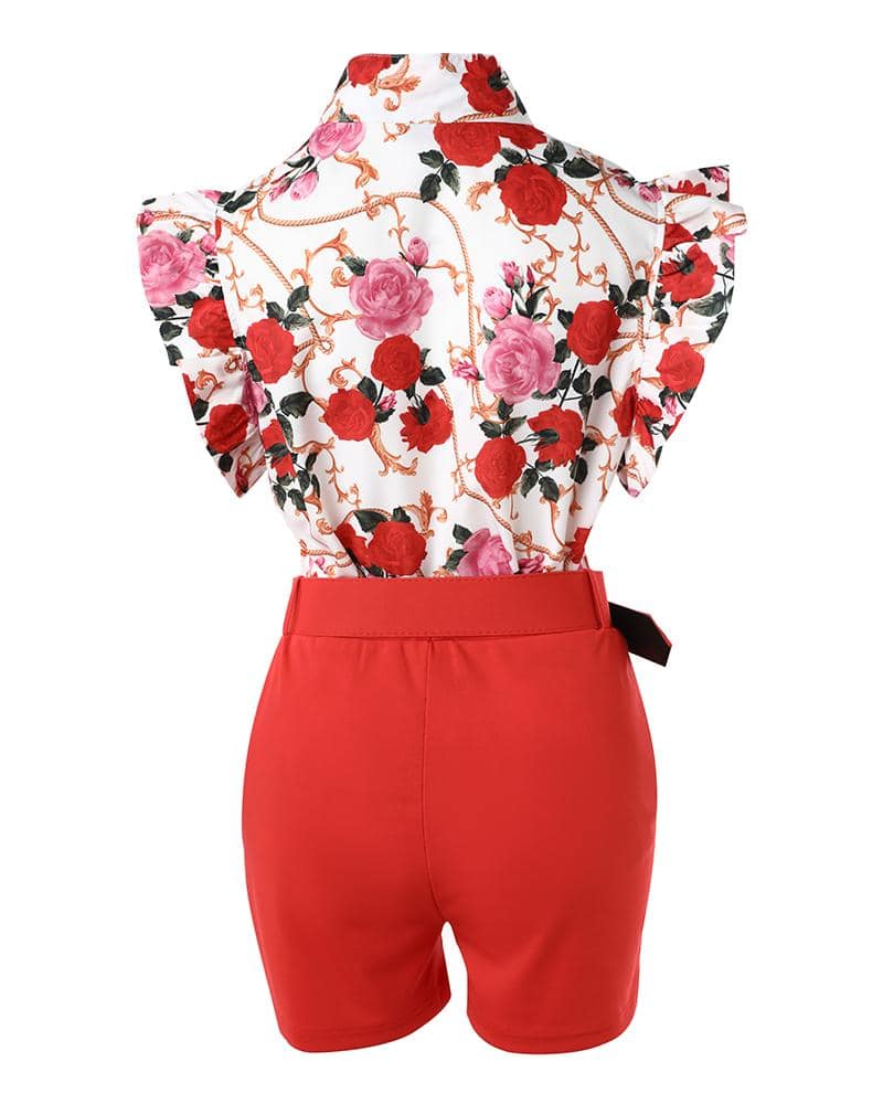 CHICME Floral Baroque Print Flutter Sleeve Top &amp Shorts Set