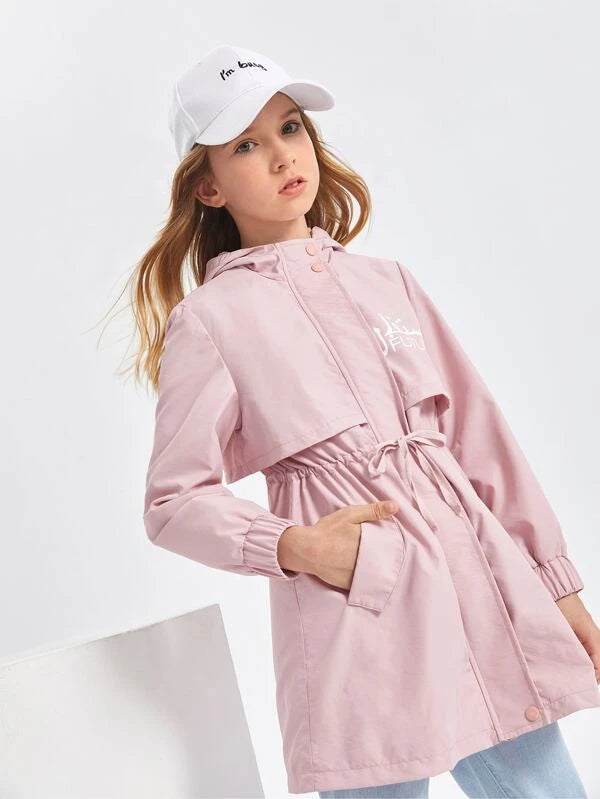 SHEIN Girls Drawstring Zipper Pocket Letter Casual Outerwear