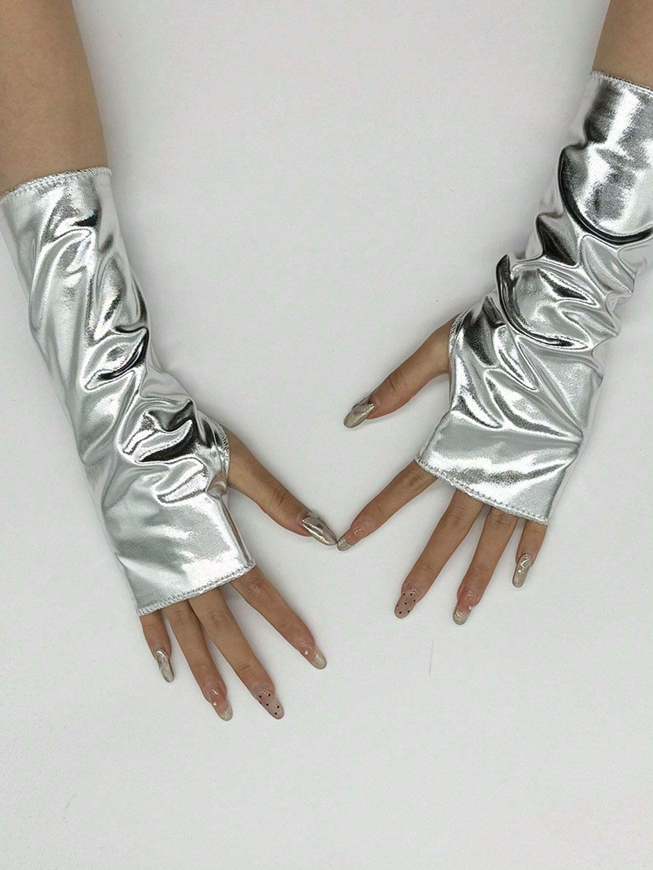 A Pair Of Women's Short Patent Leather Fingerless Gloves