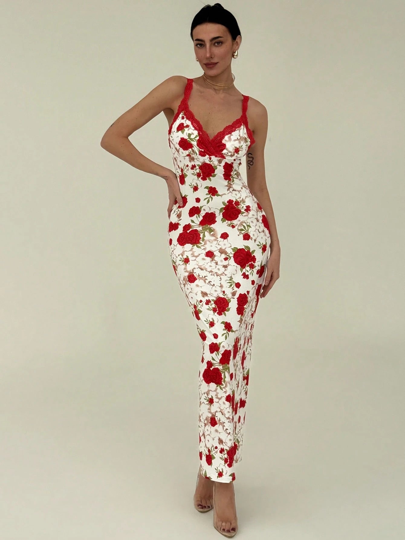 SHEIN Aloruh Women's Lace Patchwork Slim-Fit Elegant Long Dress,Summer Dresses Spring Clothes