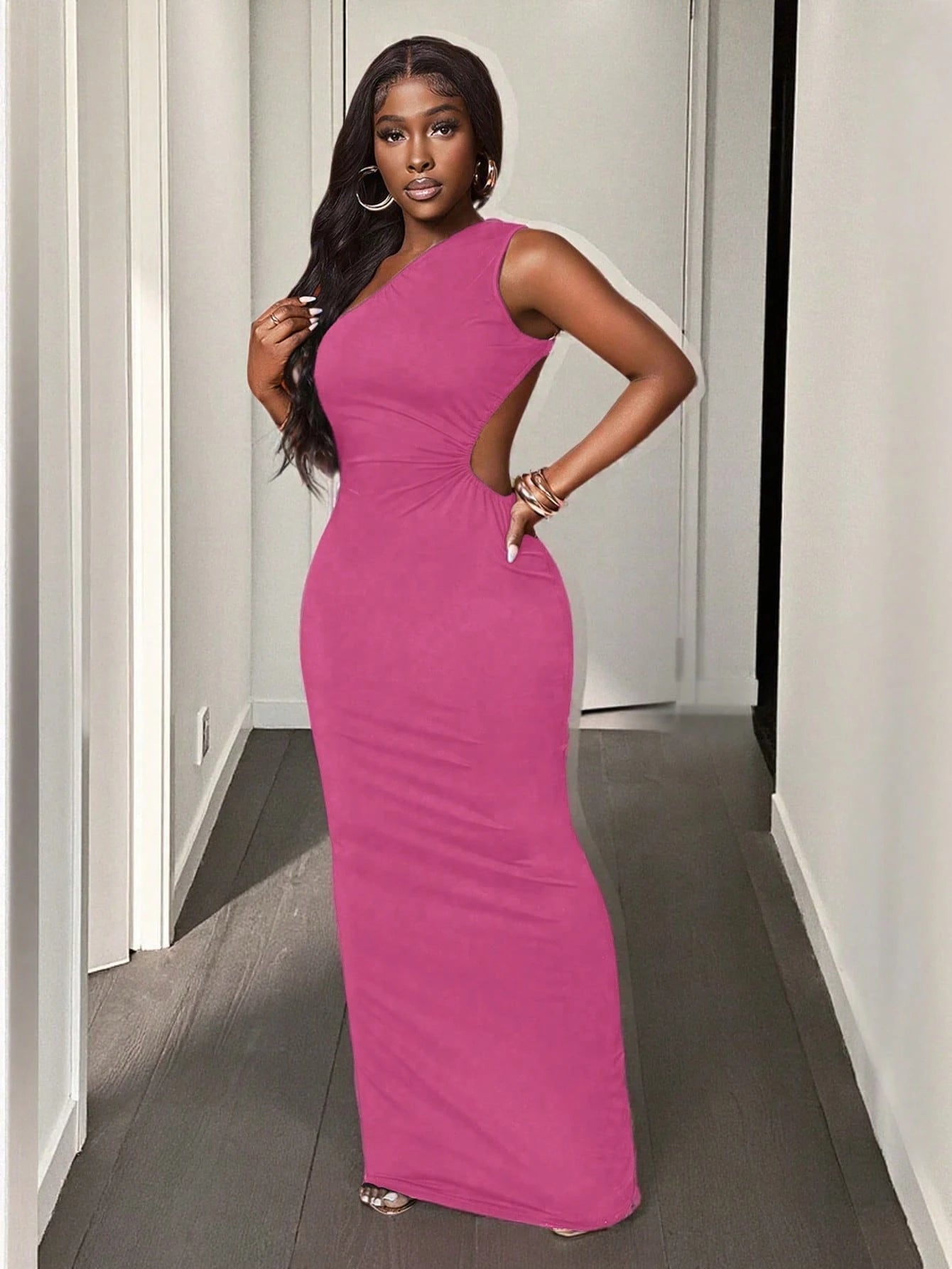 SHEIN BamGleam Sexy Solid Backless One Shoulder Sleeveless Dress