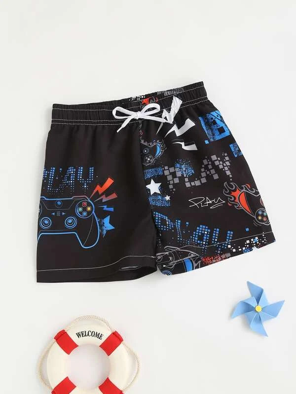 SHEIN Boys Gamepad And Letter Graphic Drawstring Waist Beach Shorts