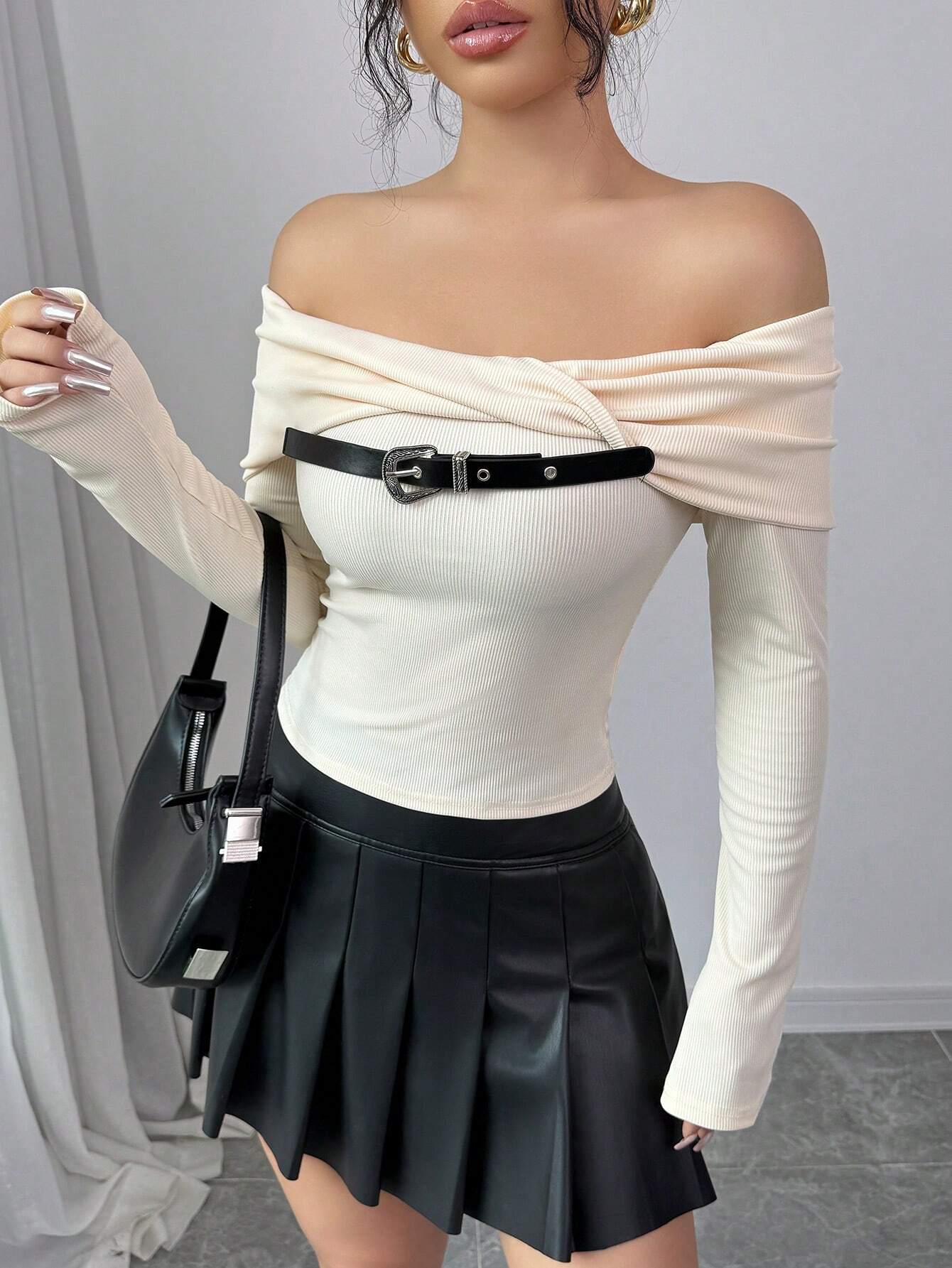 SHEIN Chiquease Women's New Off-Shoulder Collared Elastic Blouse