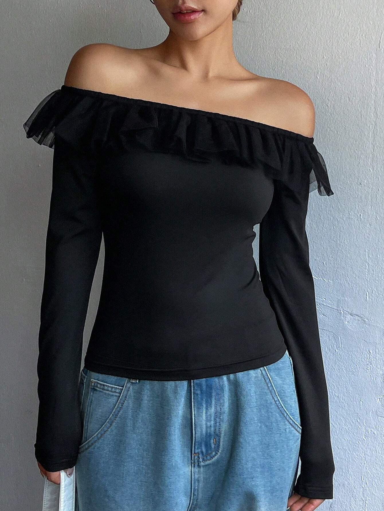 SHEIN DAZY Women's Off Shoulder Mesh Splice Ruffle