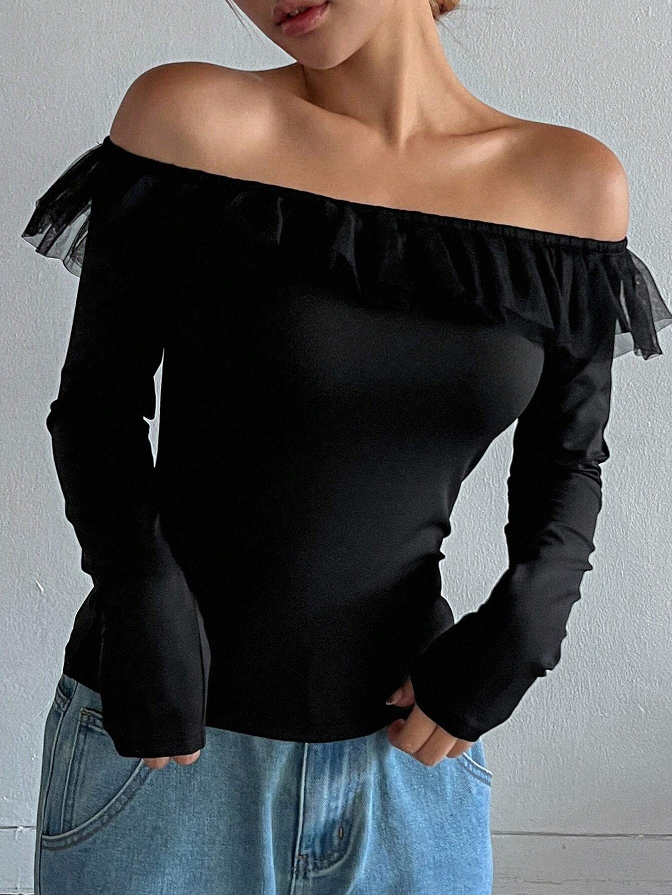 SHEIN DAZY Women's Off Shoulder Mesh Splice Ruffle