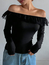 SHEIN DAZY Women's Off Shoulder Mesh Splice Ruffle