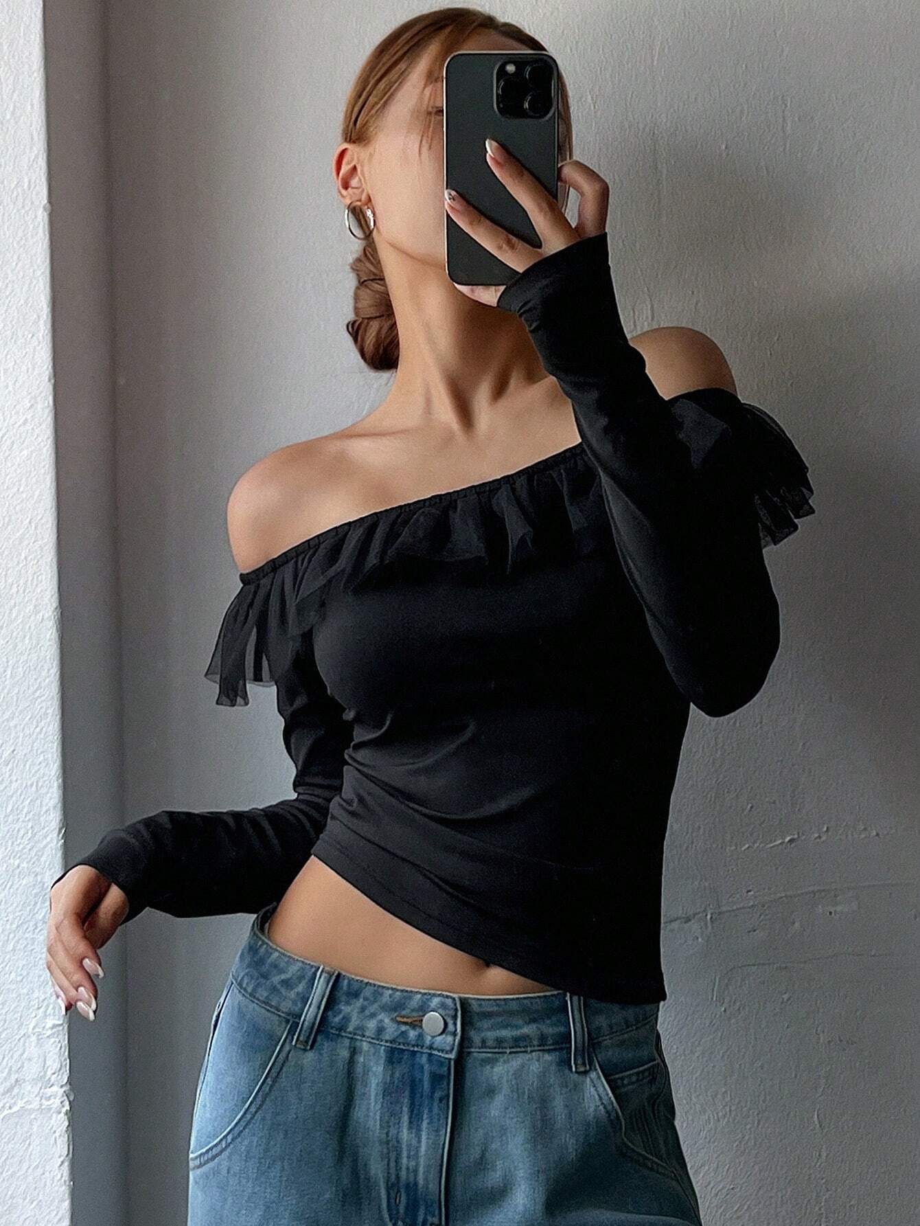 SHEIN DAZY Women's Off Shoulder Mesh Splice Ruffle