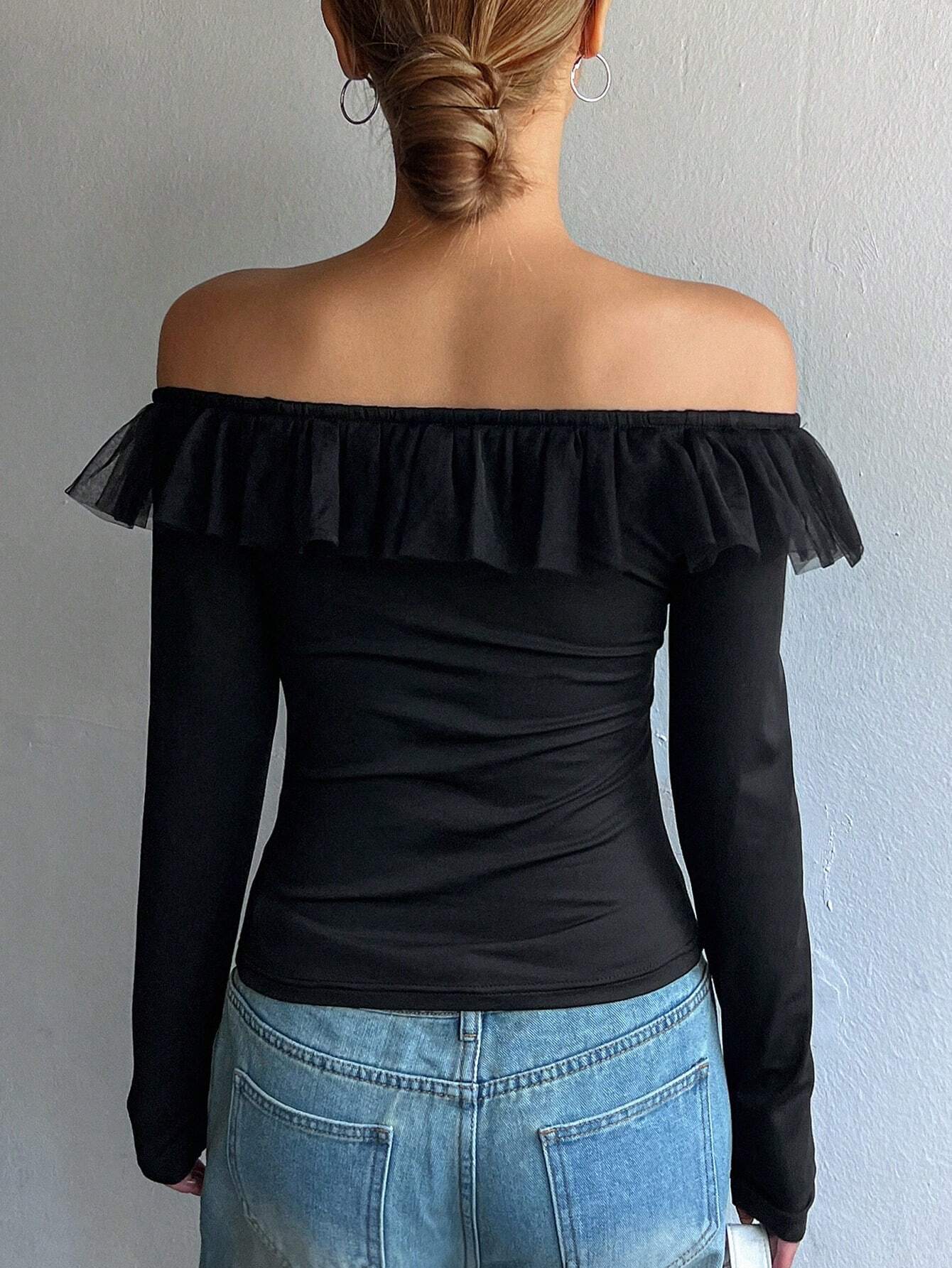 SHEIN DAZY Women's Off Shoulder Mesh Splice Ruffle