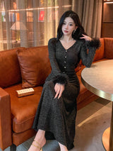 SHEIN DAZY Women's Solid V-Neck Long Sequin & Fluffy Patchwork Dress