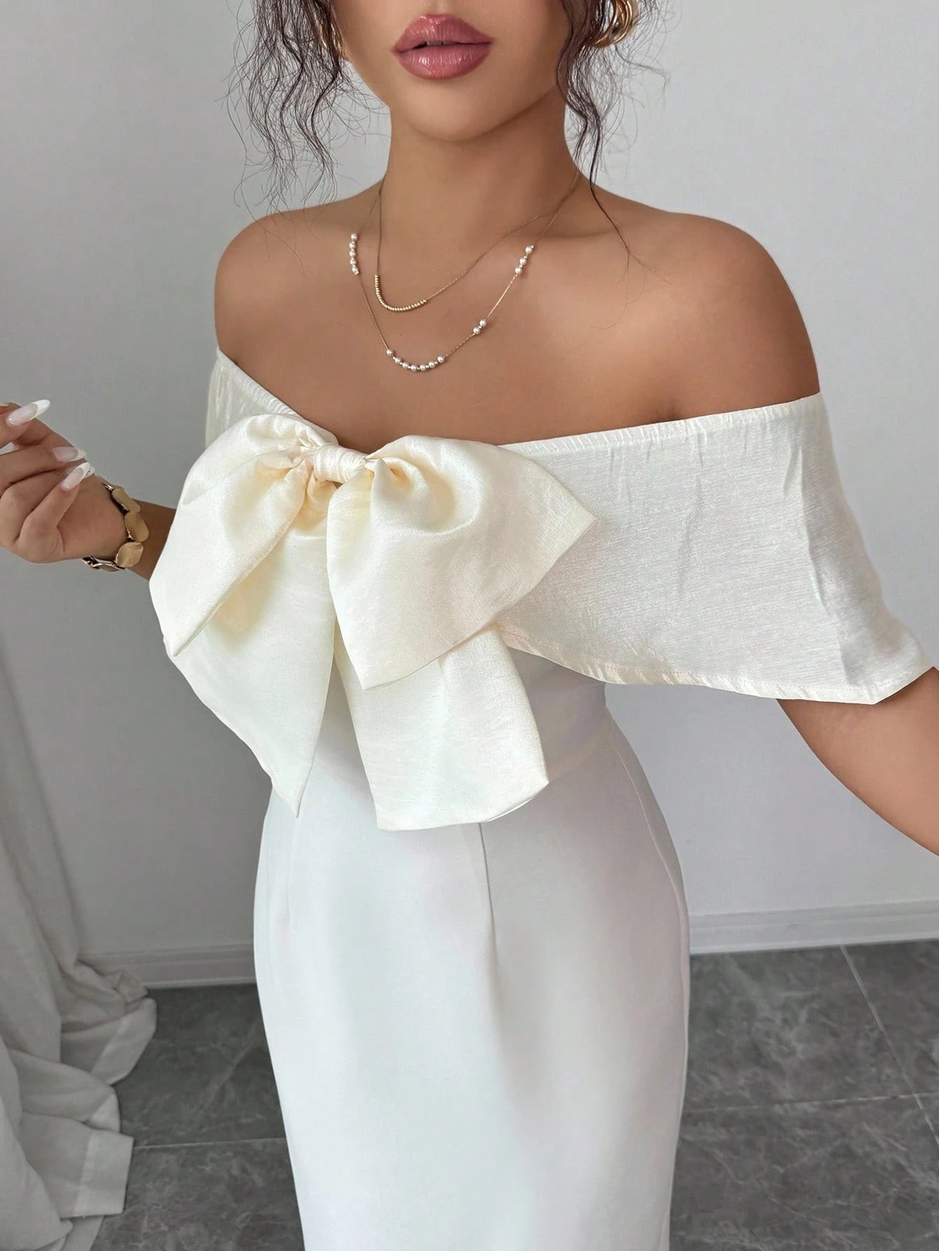 SHEIN Elenzga Women's Elegant Off Shoulder Bow Ruffle A-Line Midi Dress