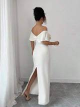 SHEIN Elenzga Women's Elegant Off Shoulder Bow Ruffle A-Line Midi Dress