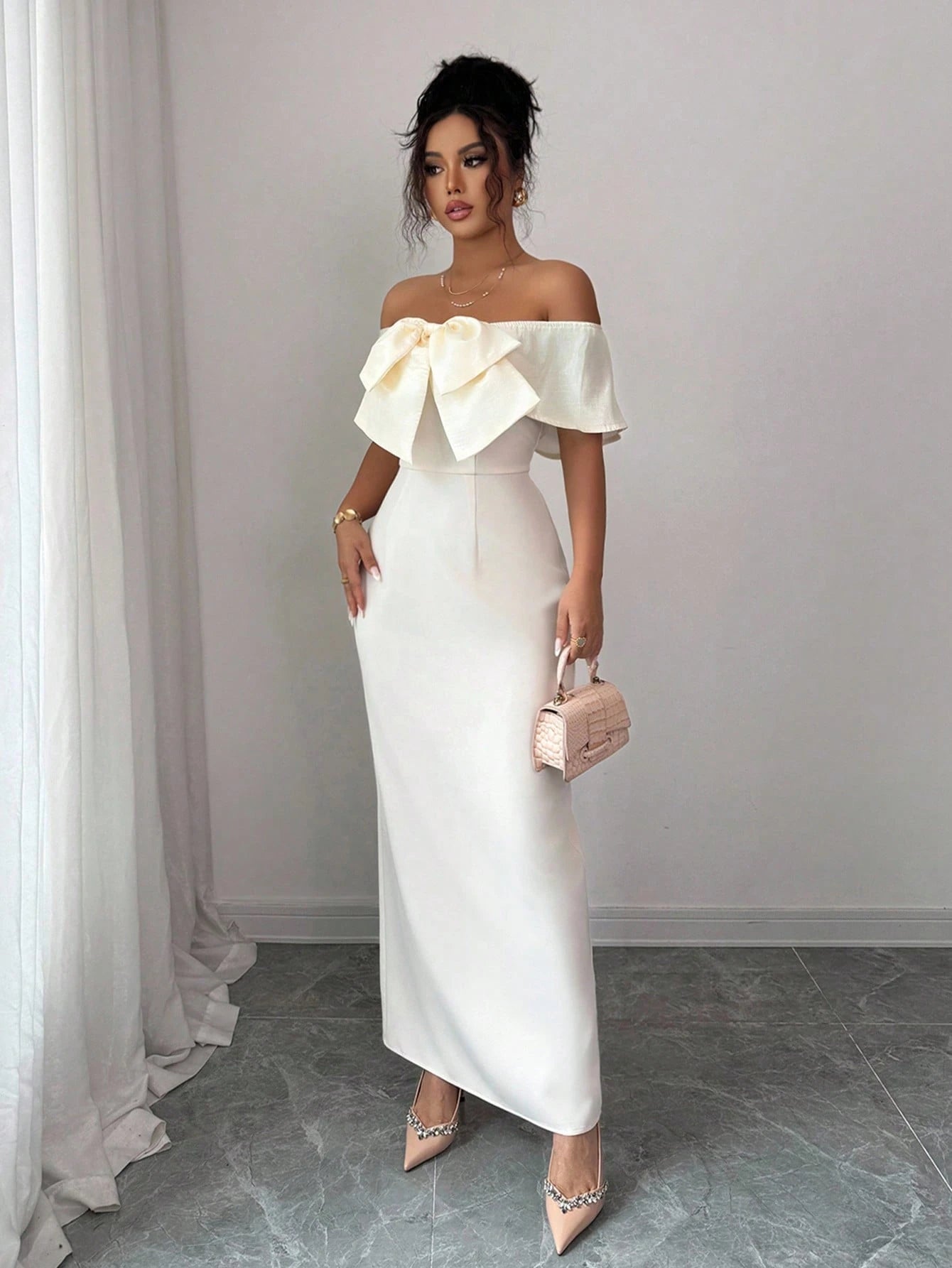 SHEIN Elenzga Women's Elegant Off Shoulder Bow Ruffle A-Line Midi Dress