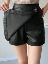 FRIFUL Women's Black Solid Color PU Fabric Slim Fit Versatile Skort