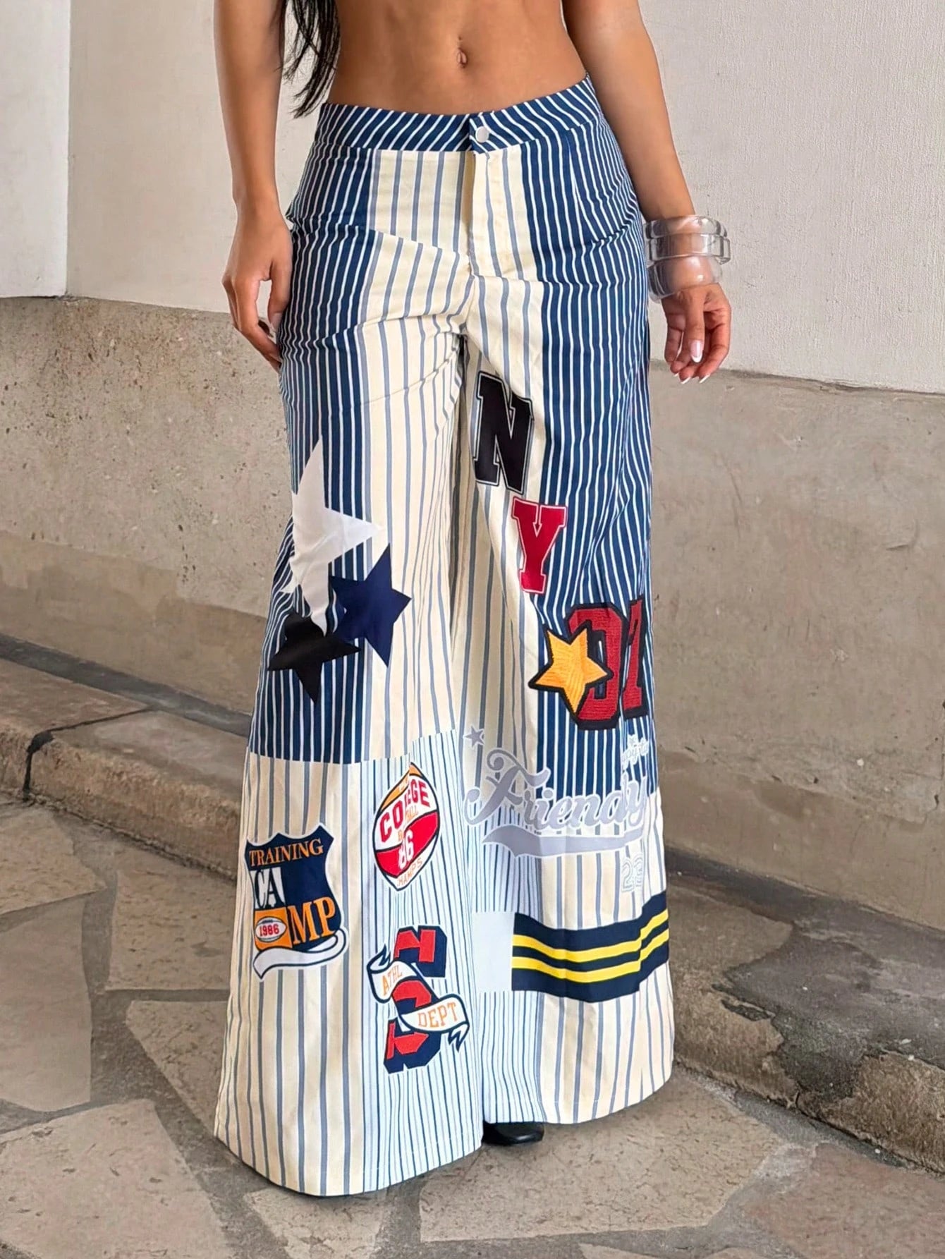 SHEIN Fiercella Fiercella Women's Striped Oversized Loose Fit Casual Long Pants With Number Jersey Graphic, Spring/Summer