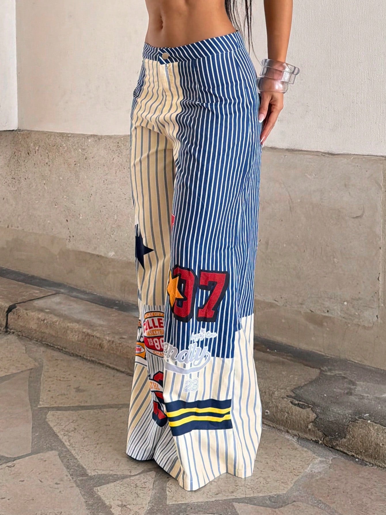 SHEIN Fiercella Fiercella Women's Striped Oversized Loose Fit Casual Long Pants With Number Jersey Graphic, Spring/Summer