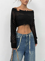 Flirla Sexy Open Shoulder Hollow Out Ladies' Sweater Knit Pullover Fall Winter Outfit