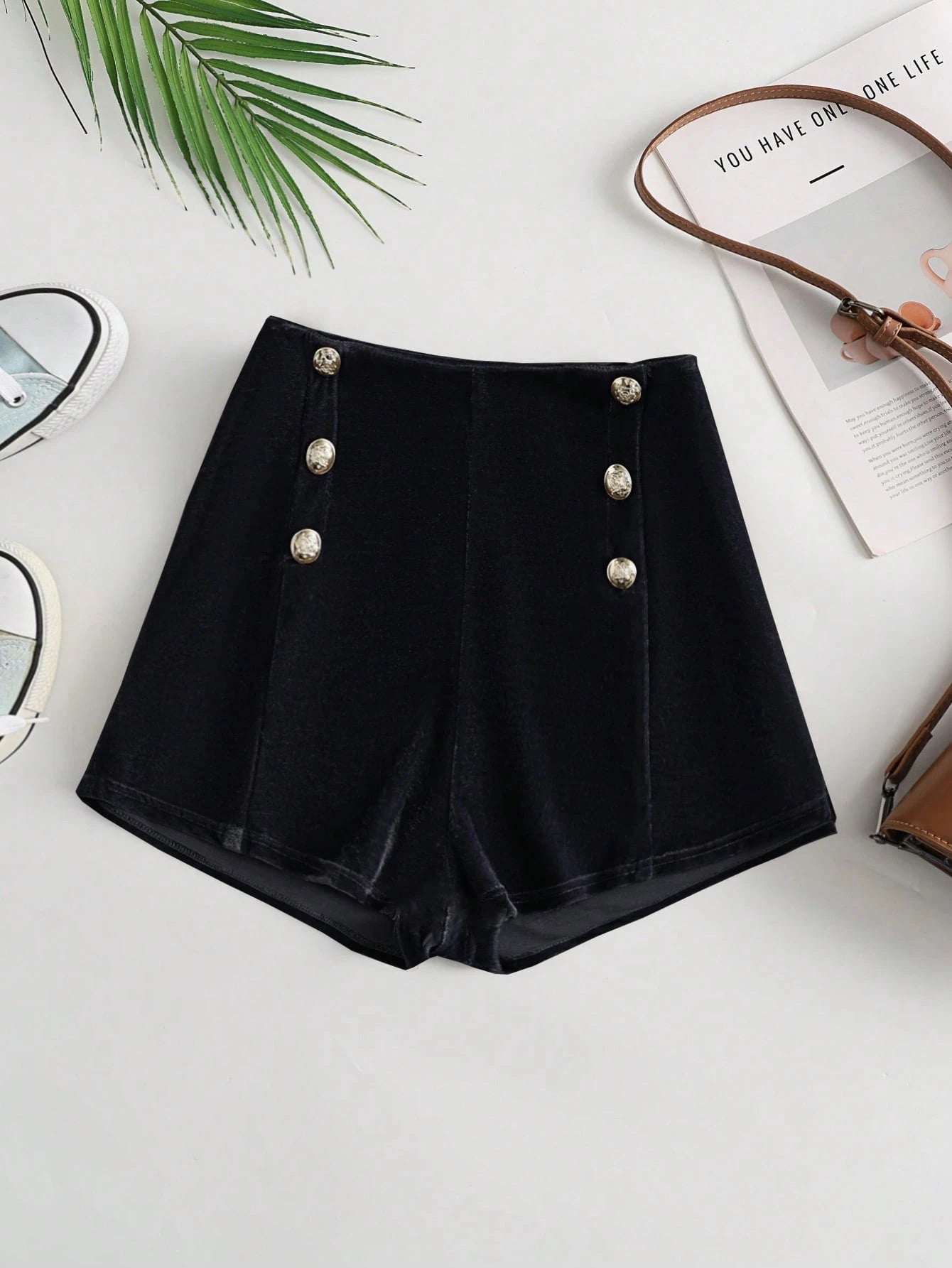 SHEIN Franclia Women's Versatile Low Waist Form-Fitting Velvet Side Metal Button Decorated Shorts