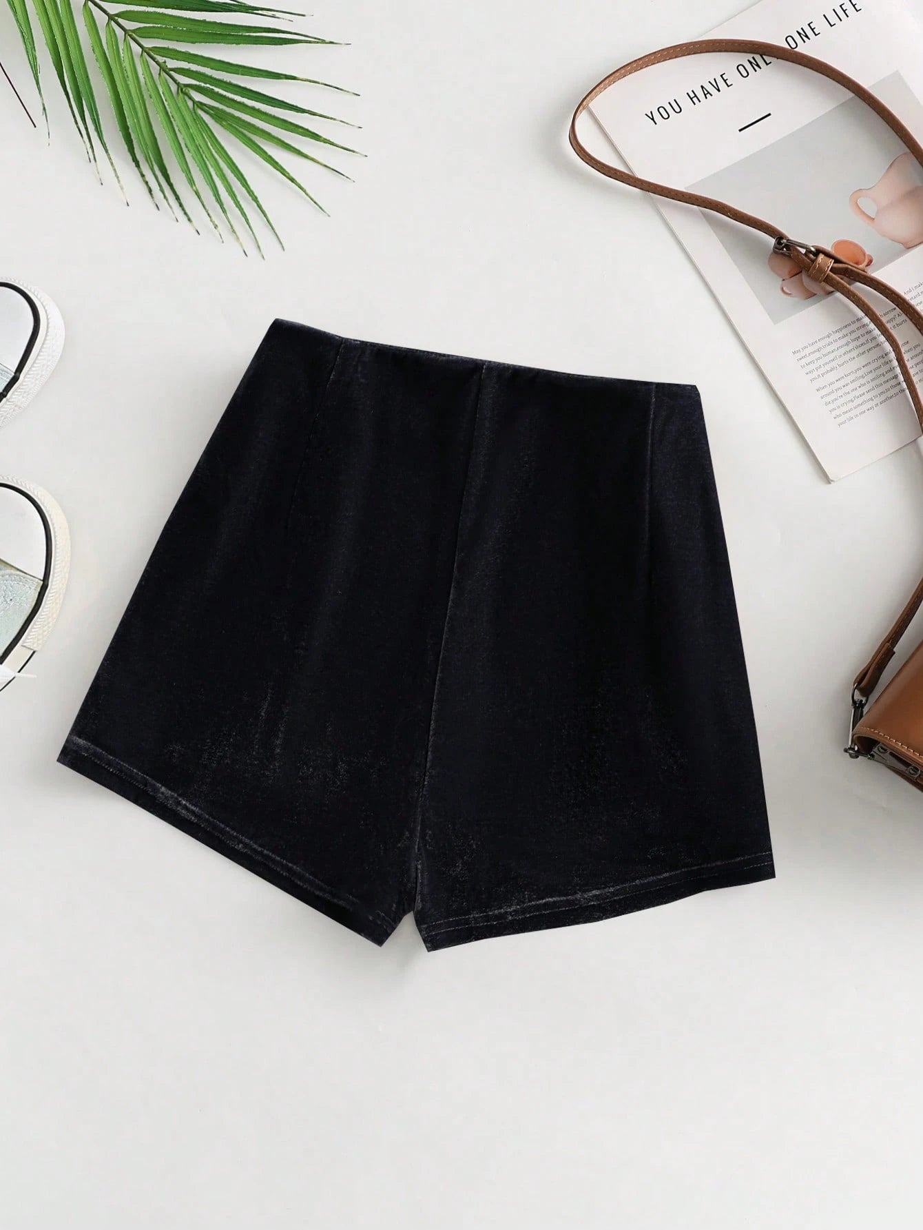 SHEIN Franclia Women's Versatile Low Waist Form-Fitting Velvet Side Metal Button Decorated Shorts