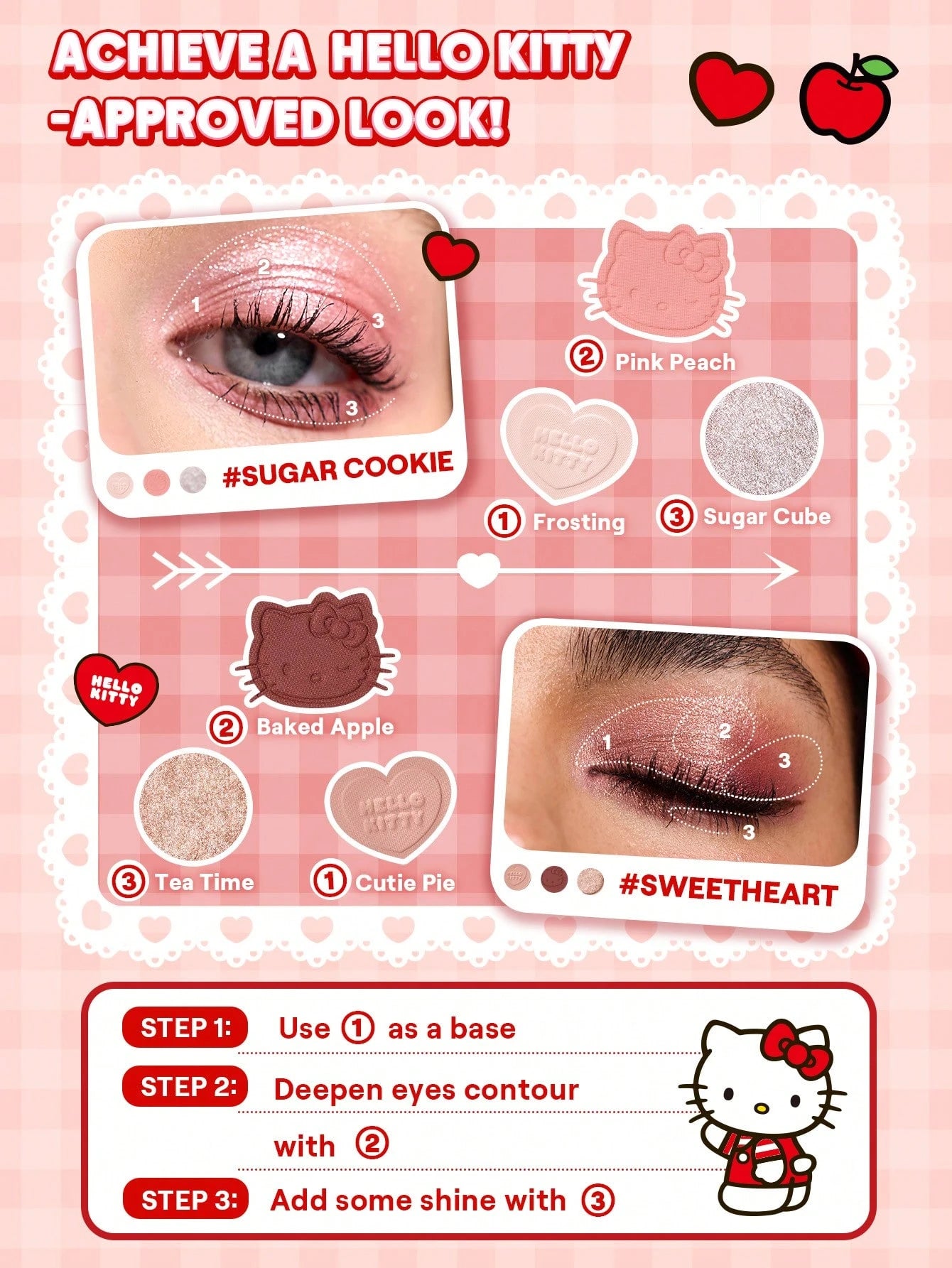 Makeup guide with Hello Kitty theme on a pink background