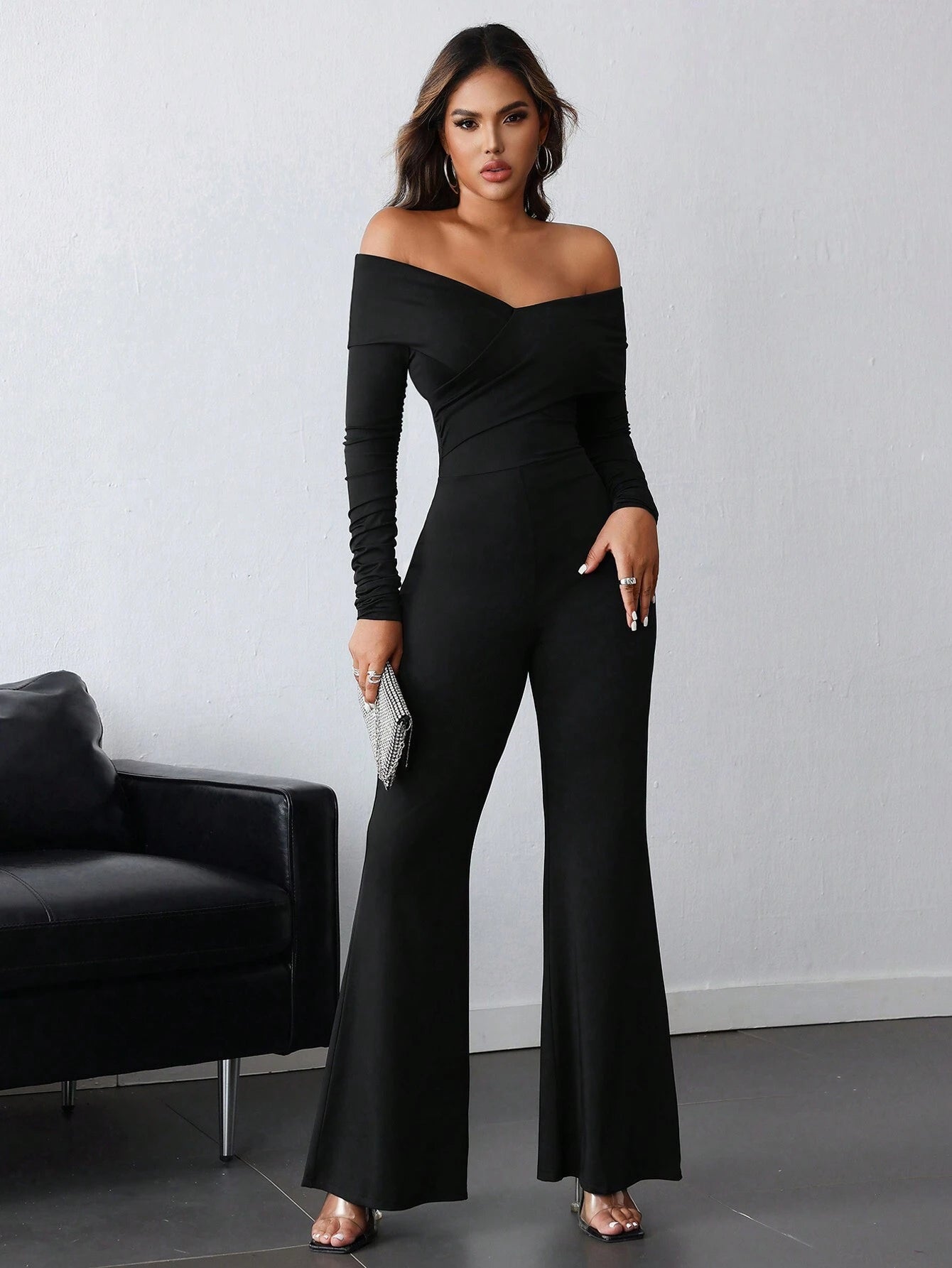 SHEIN INAWLY Black V-Neck Ruched Open Shoulder Long Sleeve Jumpsuit