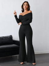 SHEIN INAWLY Black V-Neck Ruched Open Shoulder Long Sleeve Jumpsuit