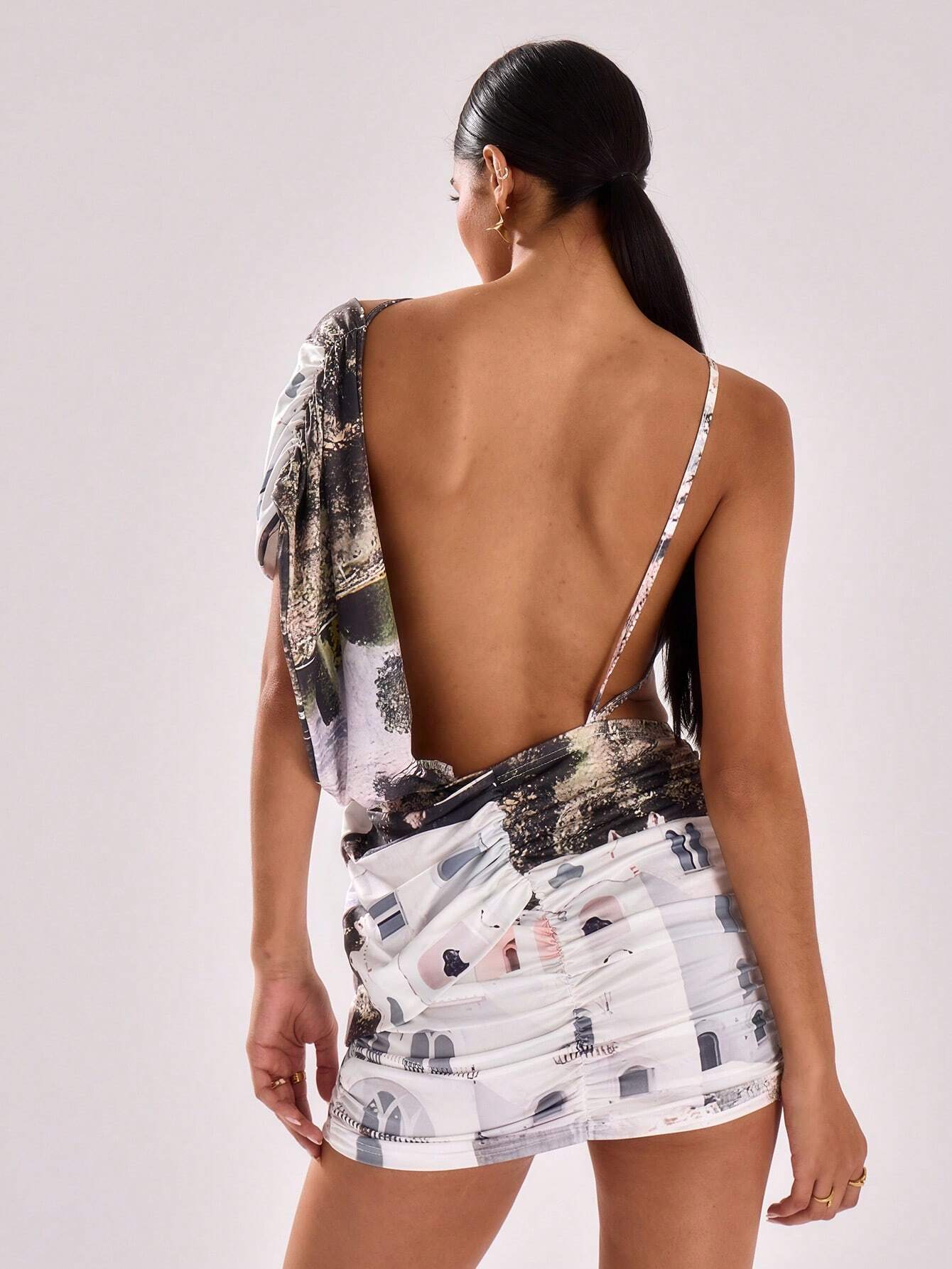 SHEIN MUSERA Location Print Slinky Drape Detail Mini Dress