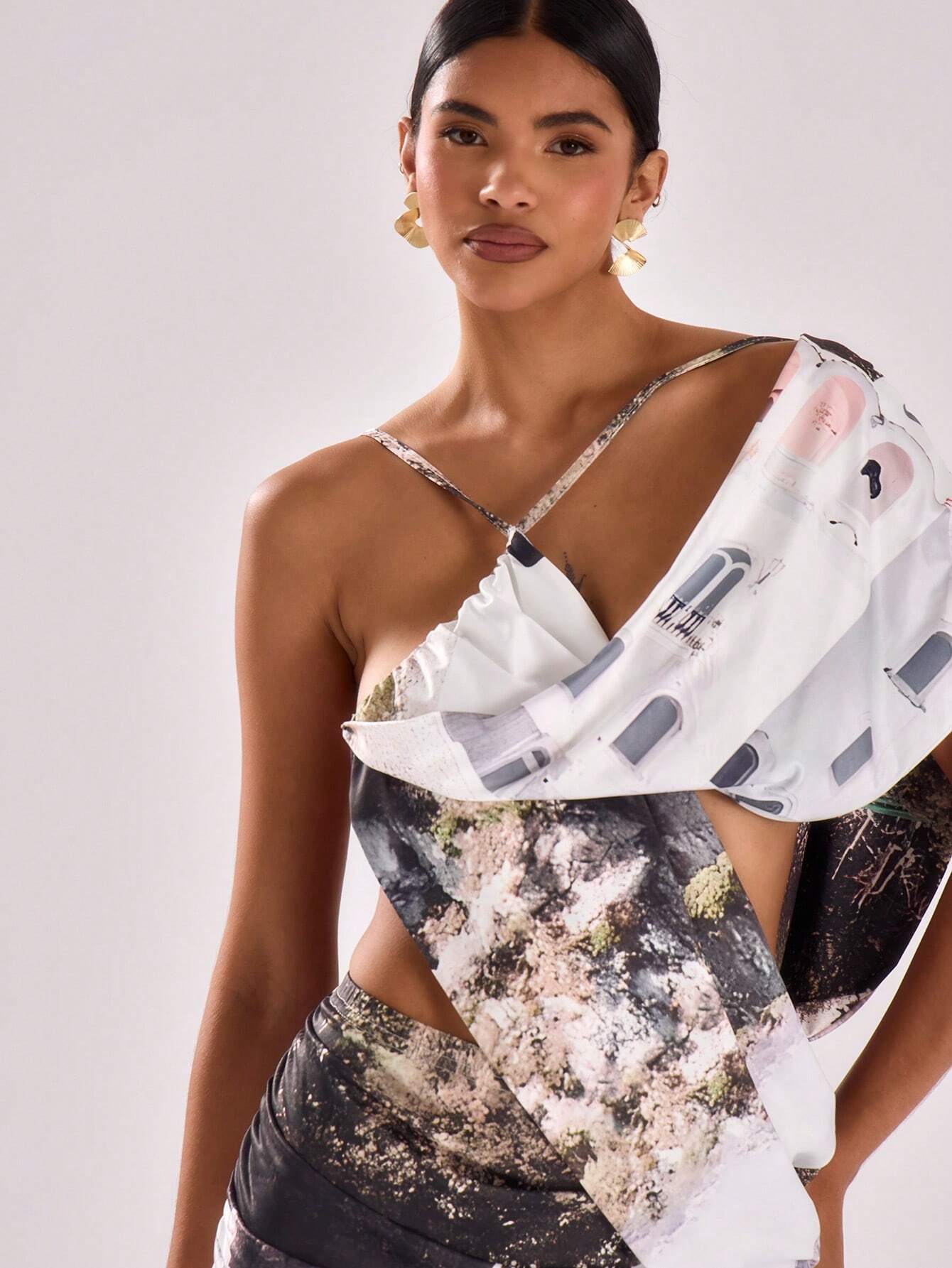 SHEIN MUSERA Location Print Slinky Drape Detail Mini Dress