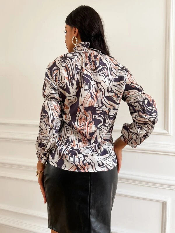 SHEIN  Marble Print Frilled Neck Blouse