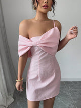 SHEIN Modelyn Women Woven Jacquard Pink Bowknot Hem Short Dress