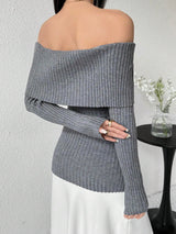 SHEIN Modelyn Women's Off Shoulder Solid Color Long Sleeve Slim Fit Sweater